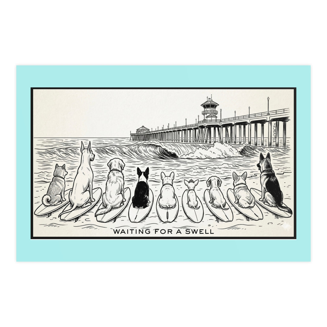 Illustration of dogs on surfboards waiting for a swell with a pier in the background.