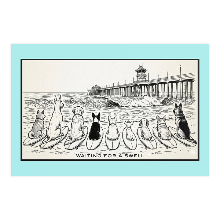 Illustration of dogs on surfboards waiting for a swell with a pier in the background.