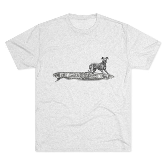 White t-shirt with a Great Dane on a celtic knoit surfboard. 