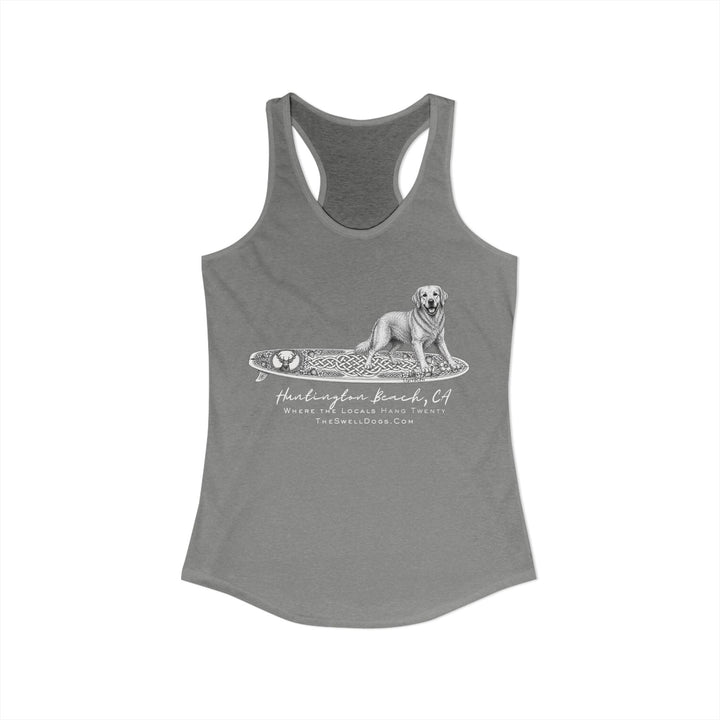Grey racerback tank top with a Golden Retriever on a Scottish surfboard with "Huntington Beach, CA" text 