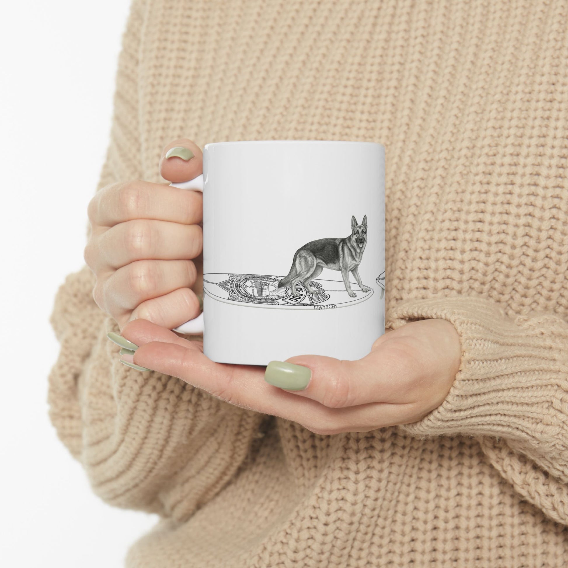 White mug with a erman Shepherd dog on a service dog long surfboard.