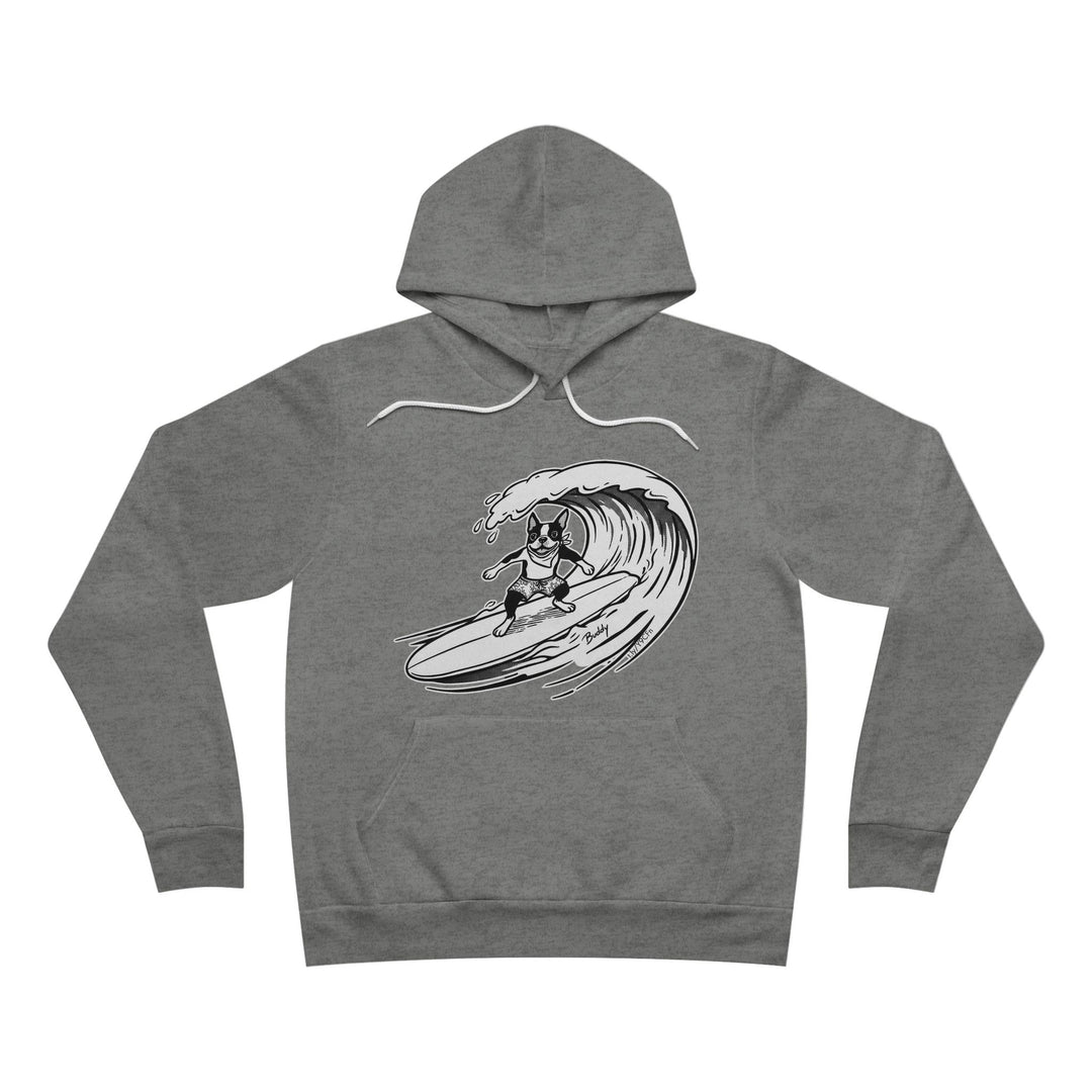 Gray hoodie with a graphic of a Boston Terrier surfing a large wave.