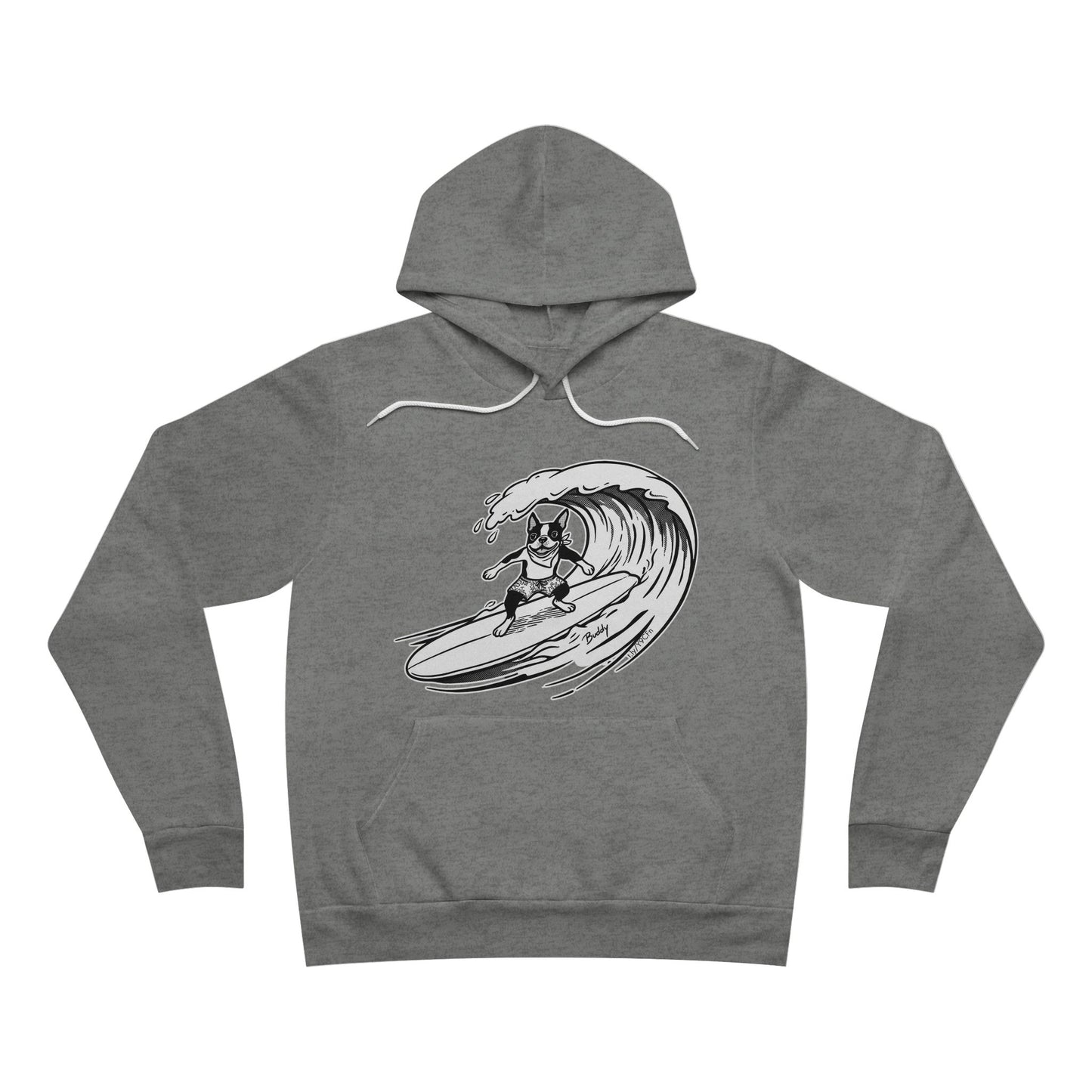 Gray hoodie with a graphic of a Boston Terrier surfing a large wave.
