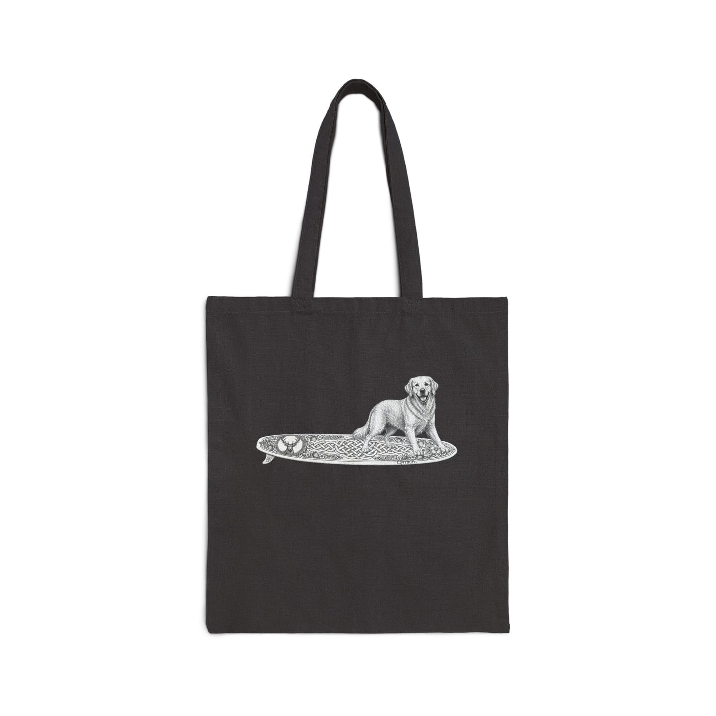 Black tote bag with a Golden Retriever riding a long surfboard with keltic knots and embellishments.