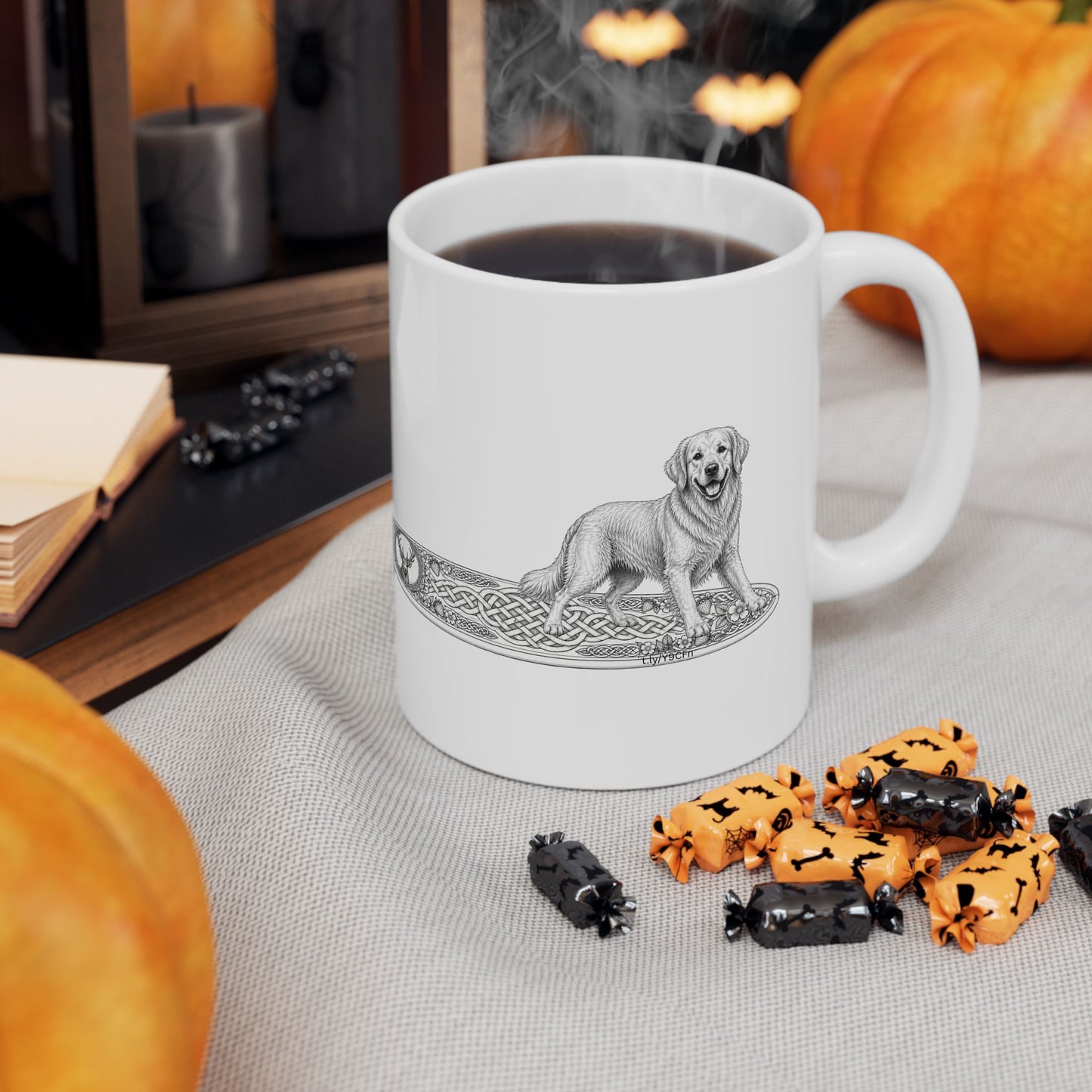 White mug with a Golden Retriever riding a long surfboard with keltic knots and embellishments.