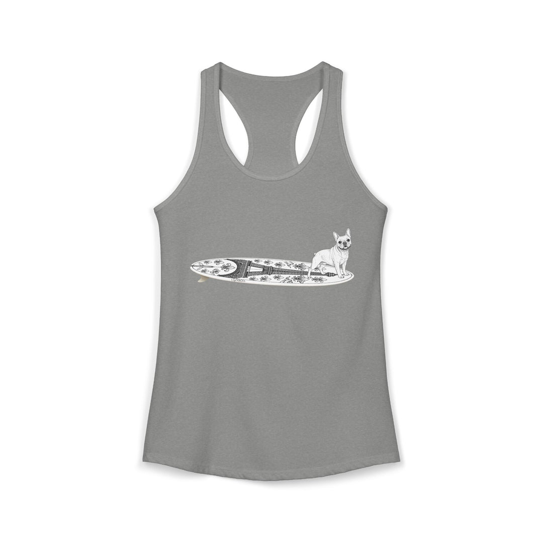 Gray French Bulldog Eiffel Tower surfboard racerback tank top  — surf gift for Frenchie lovers — The Swell Dogs
