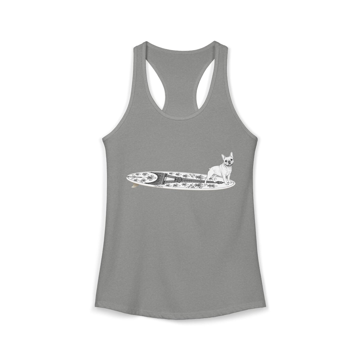 Gray French Bulldog Eiffel Tower surfboard racerback tank top  — surf gift for Frenchie lovers — The Swell Dogs