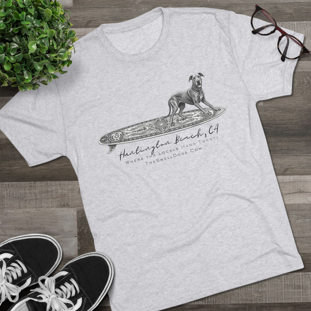 White t-shirt featuring a Great Dane on a Keltic surfboard with "Huntington Beach, CA" text