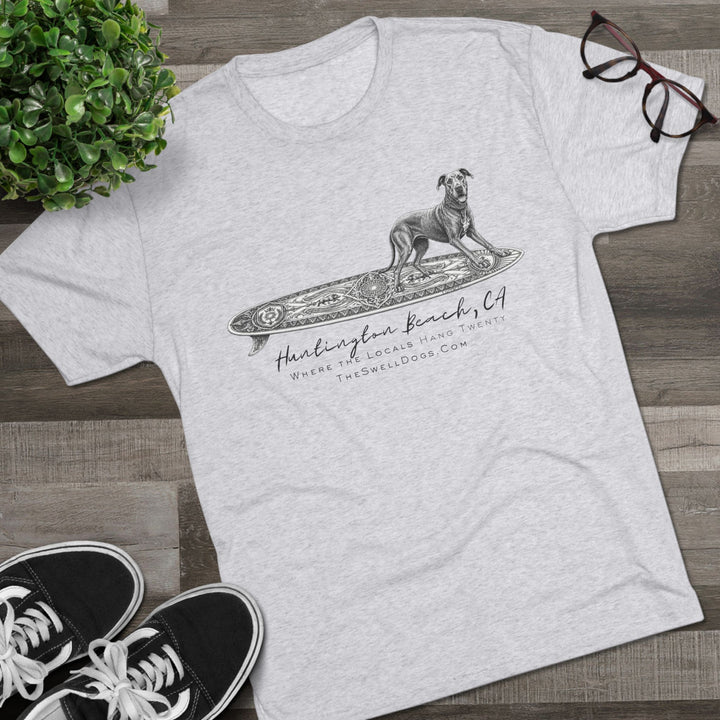 White t-shirt featuring a Great Dane on a Keltic surfboard with "Huntington Beach, CA" text