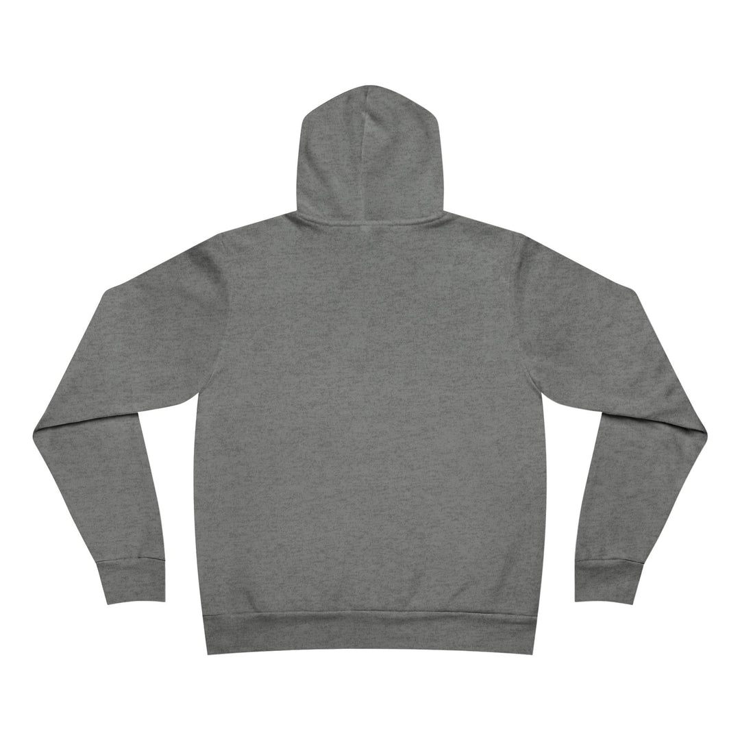 Gray hoodie back view with graphic design of 9 dogs facing the surf south of the Huntington Beach pier waiting for a swell.