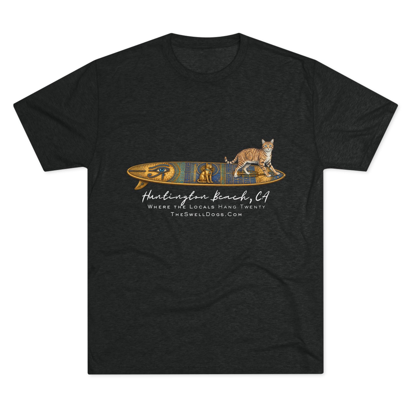 Black t-shirt featuring a tabby cat standing on an Egyptian surfboard with "Huntington Beach, CA" text