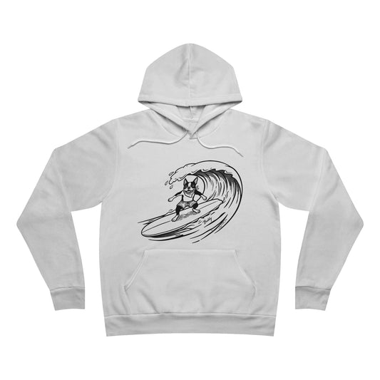White hoodie with a graphic of a Boston Terrier surfing a large wave.