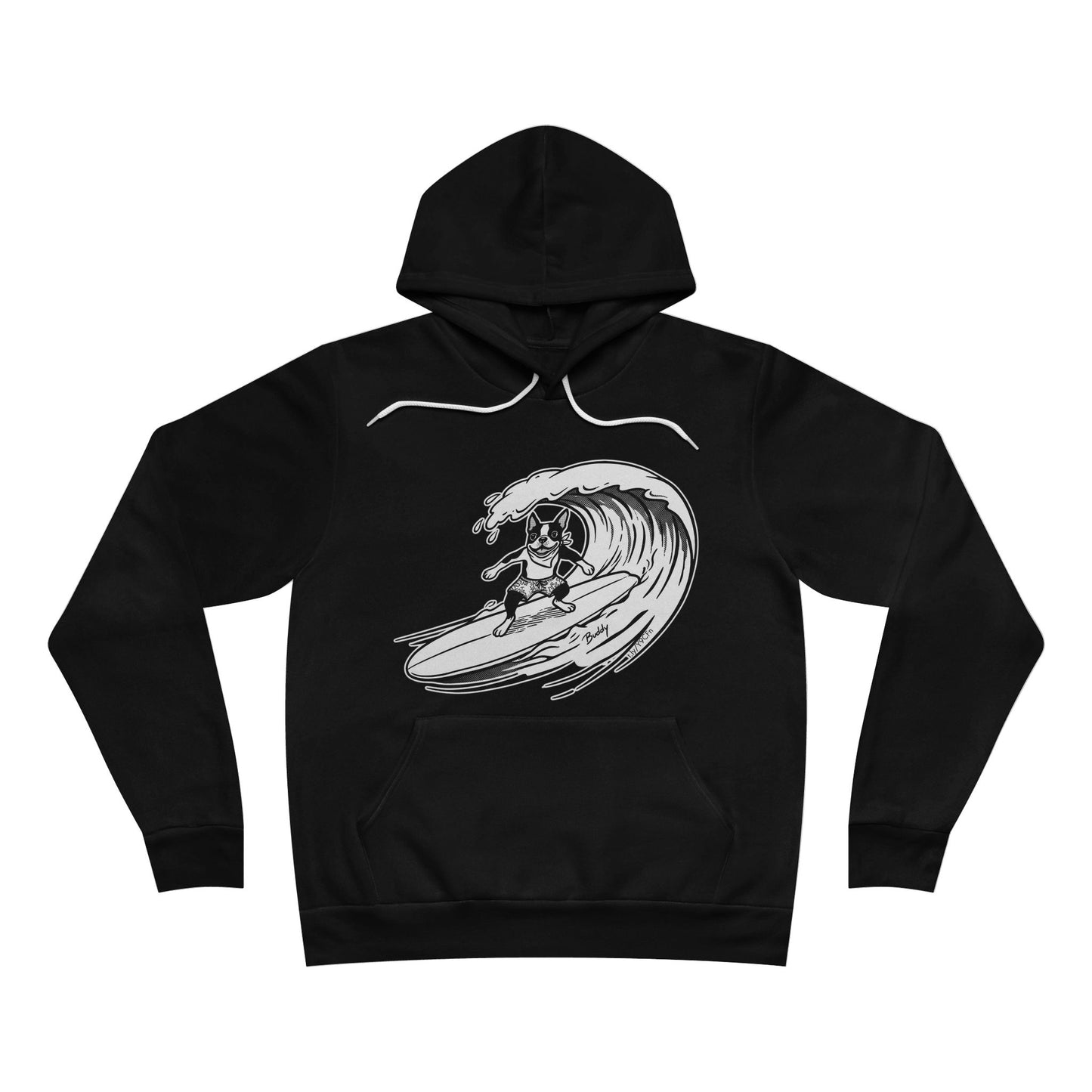 Black hoodie with a graphic of a Boston Terrier surfing a large wave.