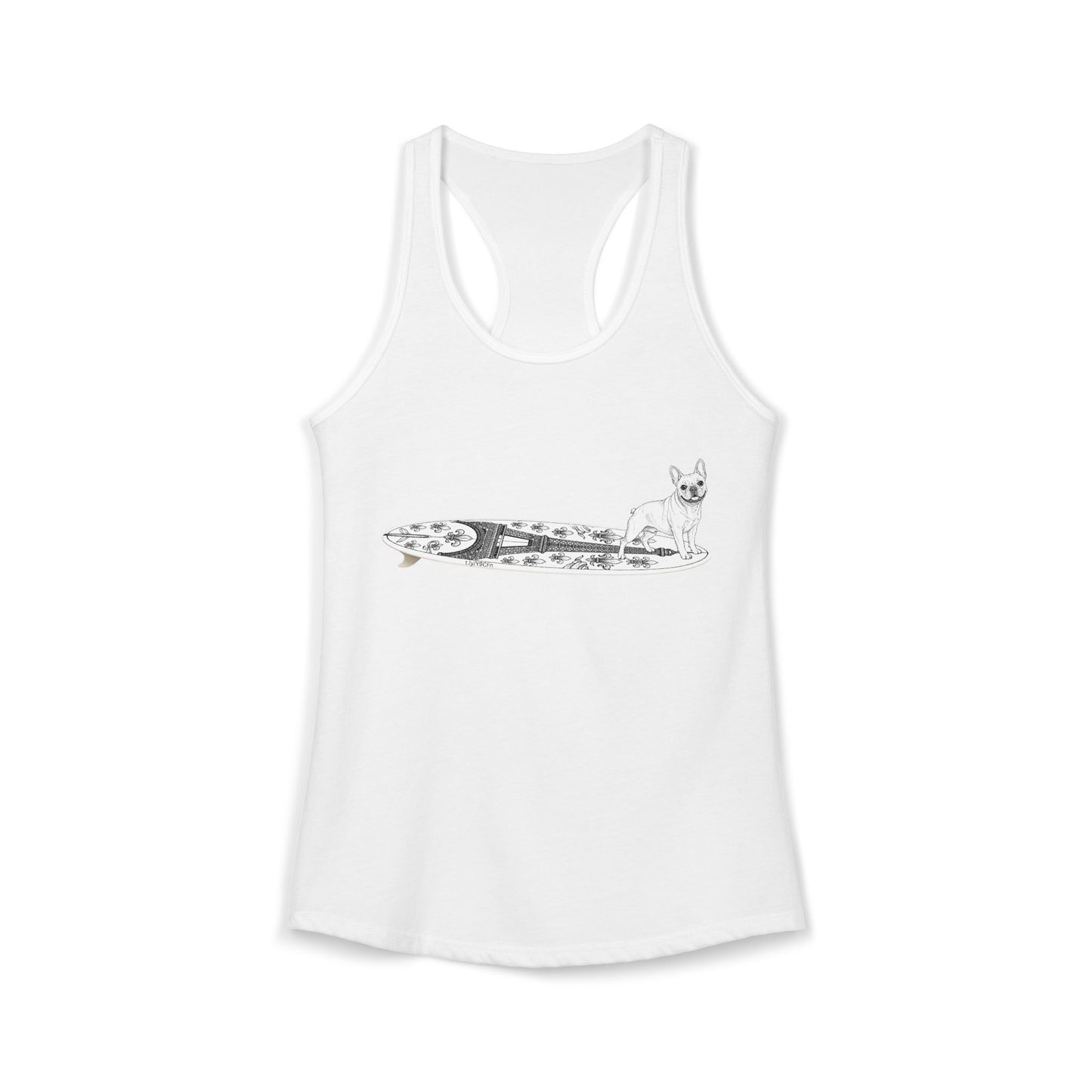 White French Bulldog Eiffel Tower surfboard racerback tank top  — surf gift for Frenchie lovers — The Swell Dogs