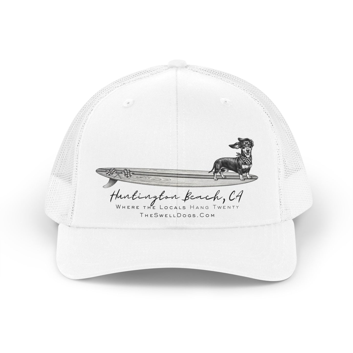 White trucker hat featuring a Dachshund dog standing on a surfboard with "Huntington Beach, CA" text