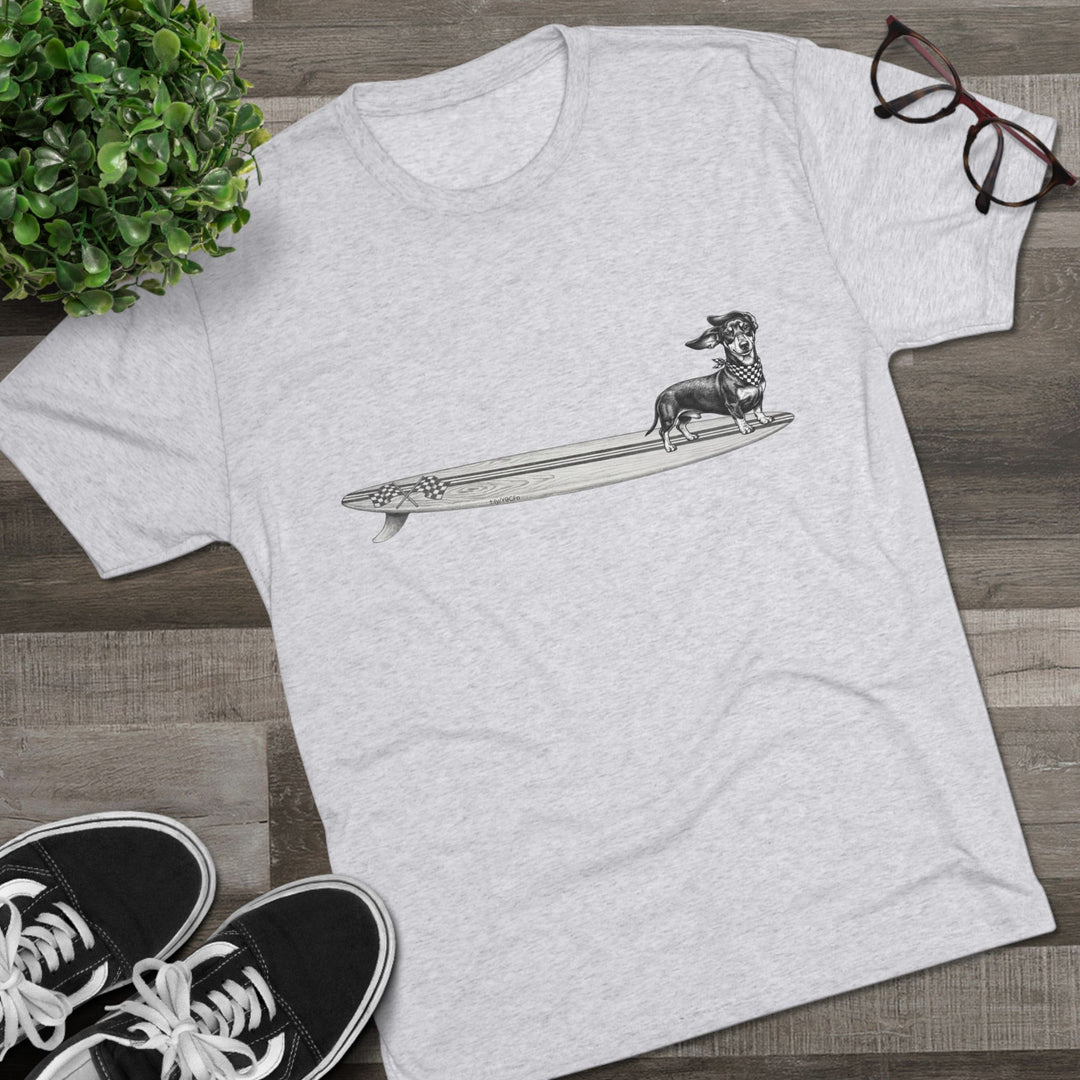 Light heather grey Dachshund surf t-shirt with checkered racing flag bandana and wood grain surfboard illustration styled with Vans and sunglasses — The Swell Dogs