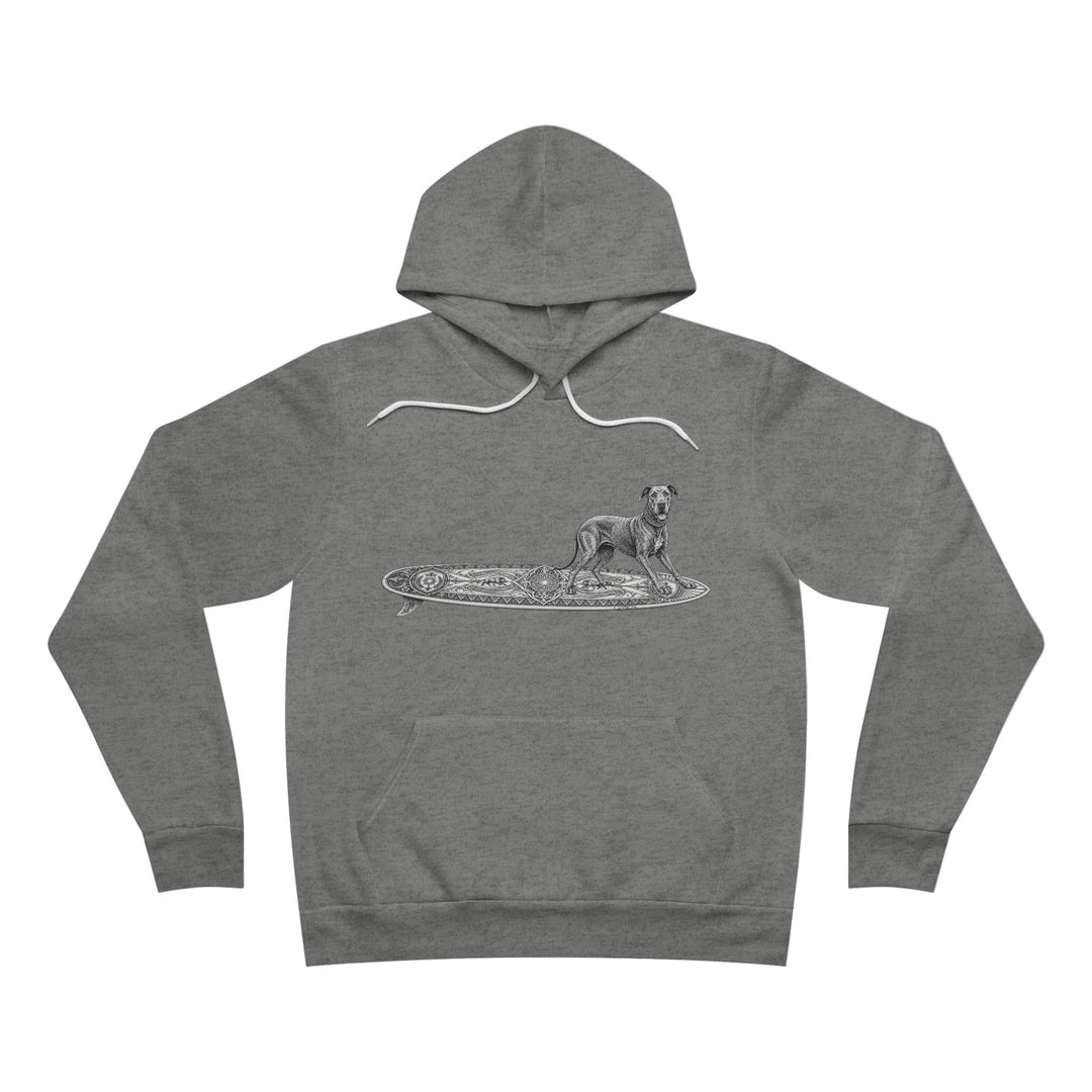 Gray hoodie with a graphic of a Great Dane on an Apollo Tide surfboard.