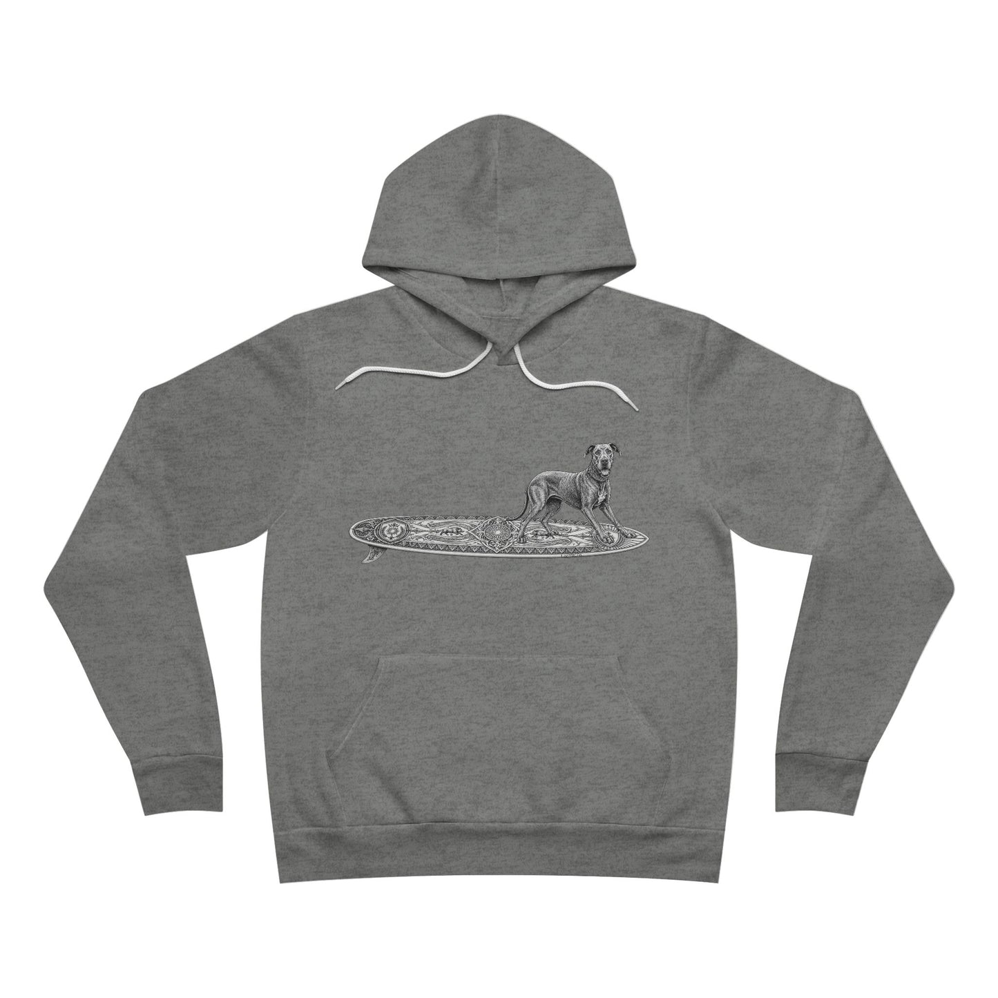 Gray hoodie with a graphic of a Great Dane on an Apollo Tide surfboard.
