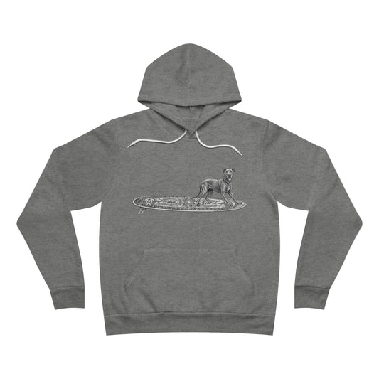 Gray hoodie with a graphic of a Great Dane on an Apollo Tide surfboard.