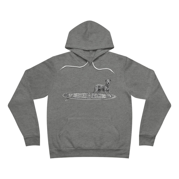 Gray hoodie with a graphic of a Great Dane on an Apollo Tide surfboard.