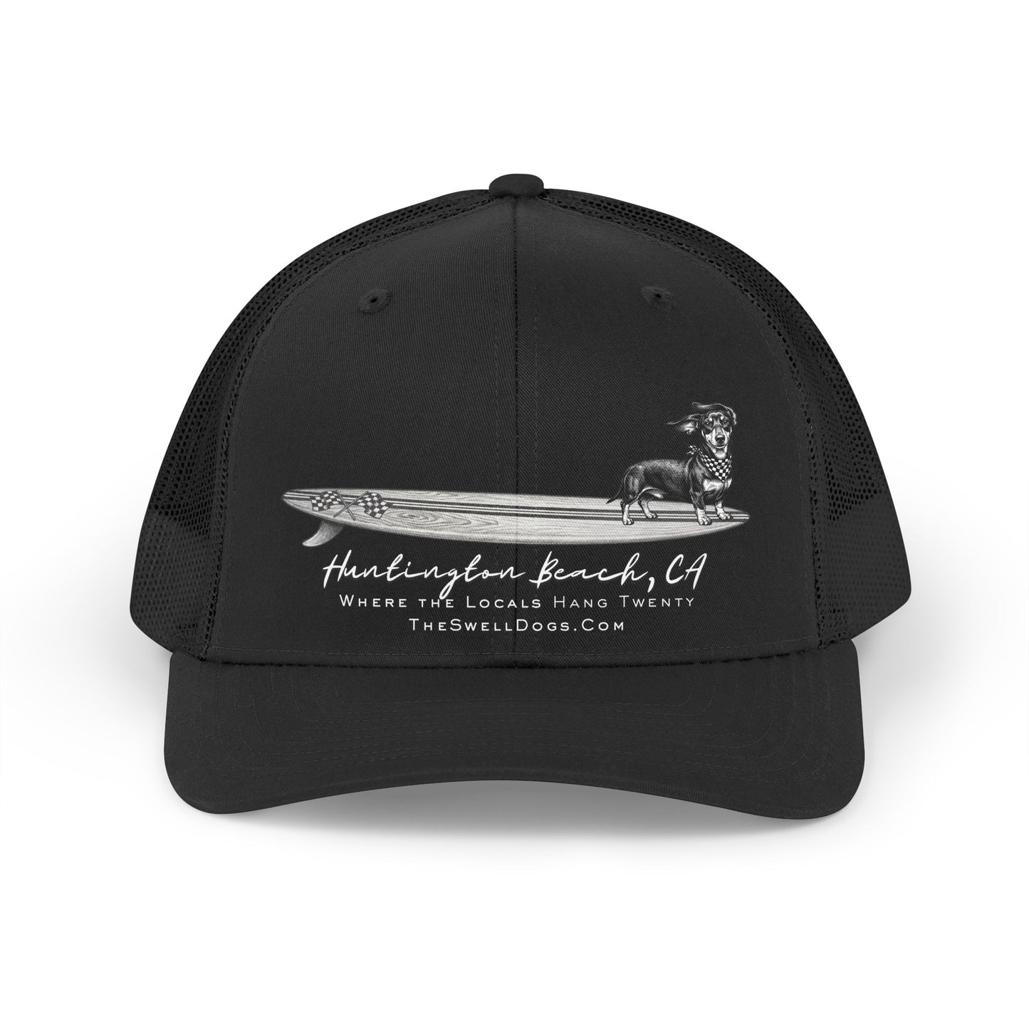 Black trucker hat featuring a Dachshund dog standing on a surfboard with "Huntington Beach, CA" text