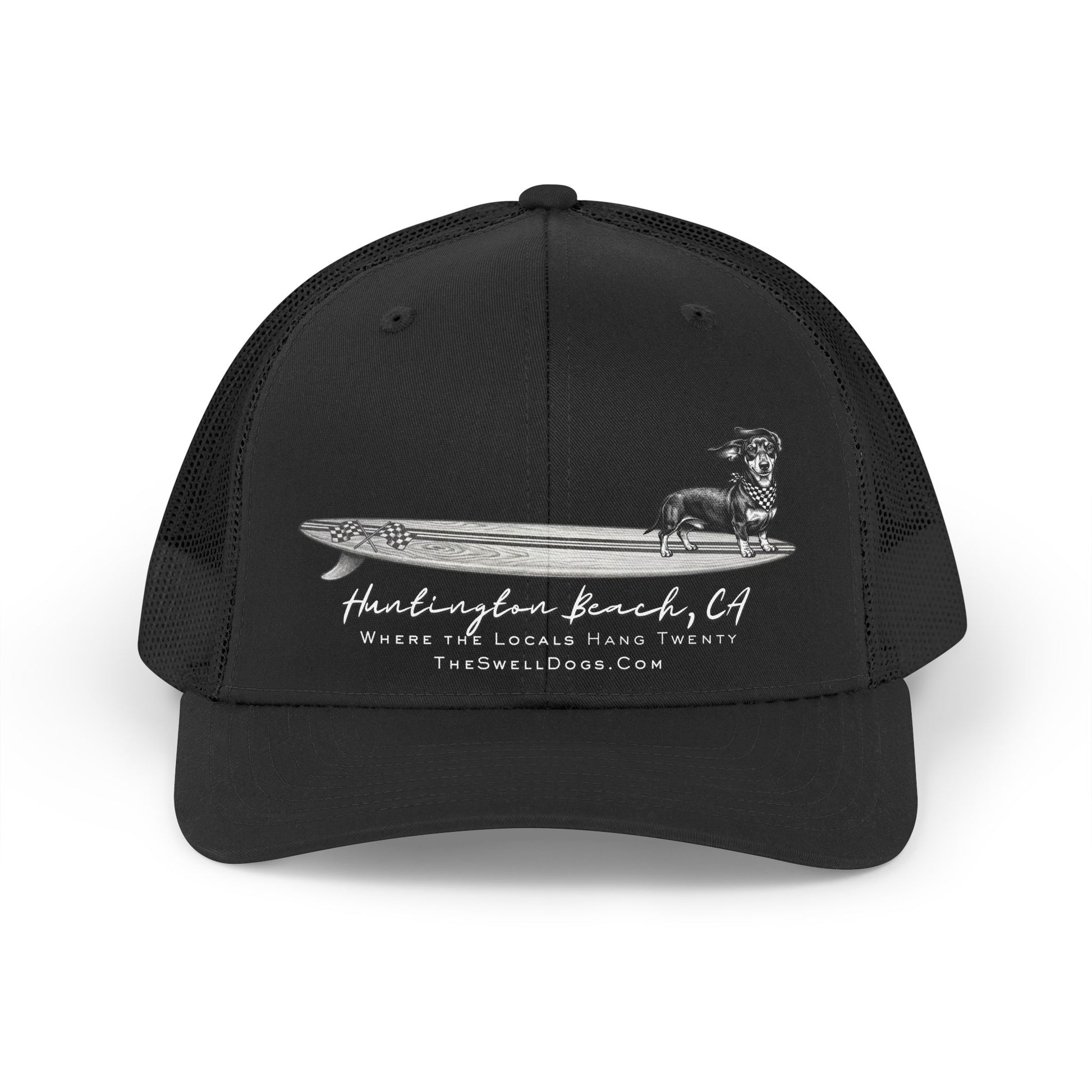Black trucker hat featuring a Dachshund dog standing on a surfboard with "Huntington Beach, CA" text