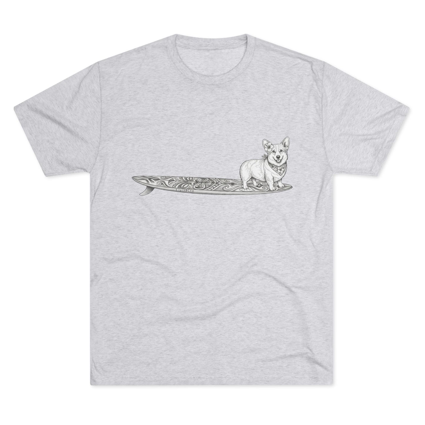 Light heather grey t-shirt with vintage Corgi wearing hibiscus bandana and hibiscus in her ear on a tiki surfboard — The Swell Dogs
