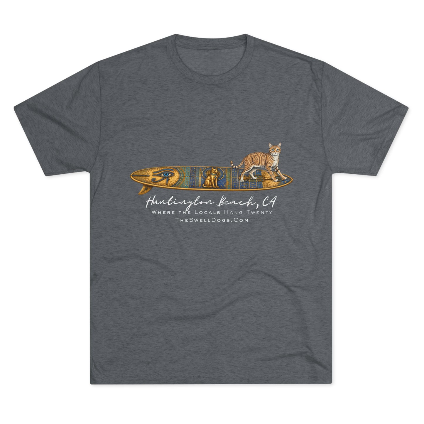 Grey t-shirt featuring a tabby cat standing on an Egyptian surfboard with "Huntington Beach, CA" text