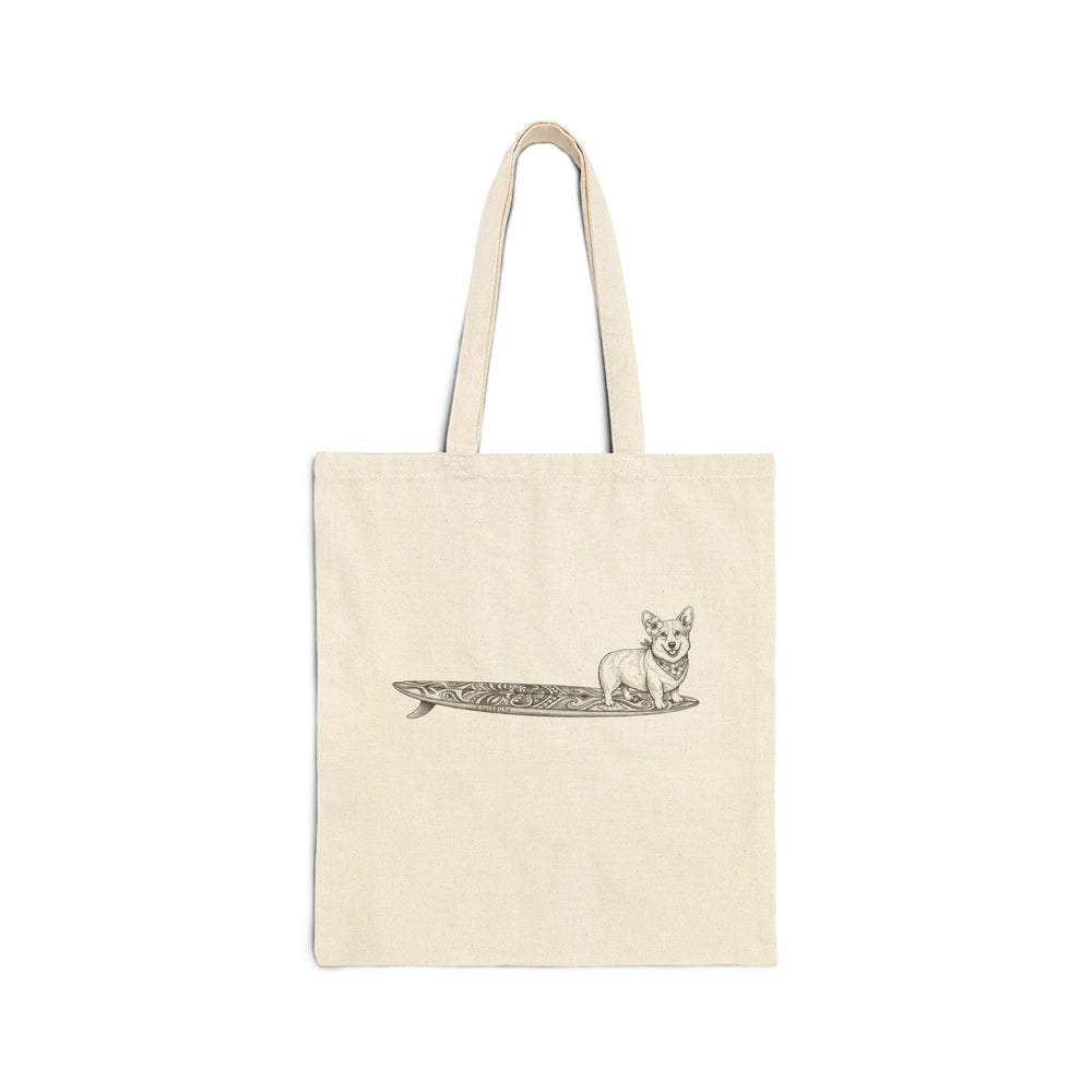 Natural canvas tote bag with Corgi in hibiscus bandana and hibiscus ear flower on a tiki surfboard illustration — The Swell Dogs