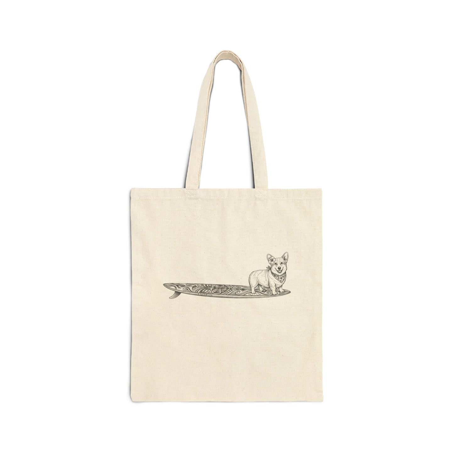 Natural canvas tote bag with Corgi in hibiscus bandana and hibiscus ear flower on a tiki surfboard illustration — The Swell Dogs