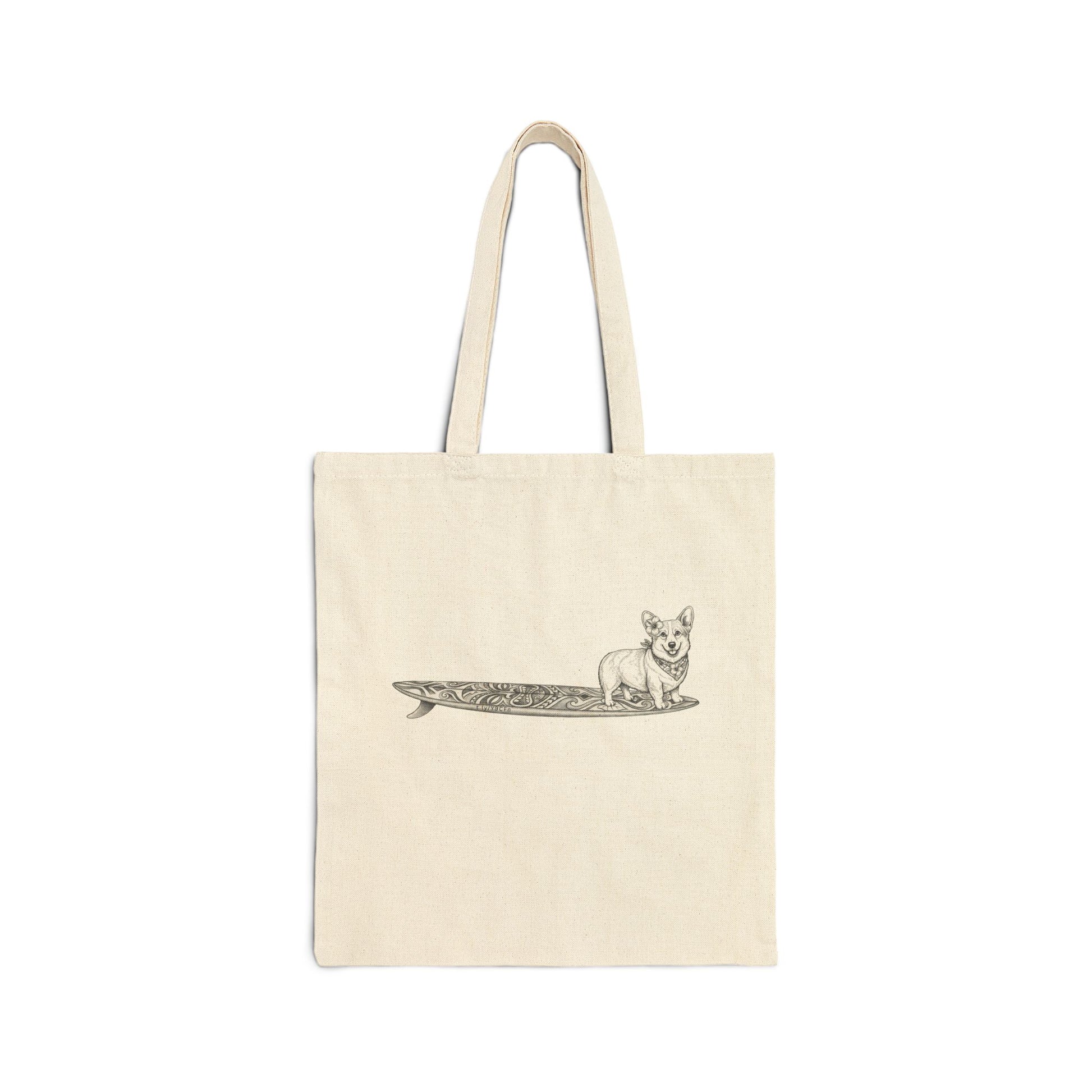 Natural canvas tote bag with Corgi in hibiscus bandana and hibiscus ear flower on a tiki surfboard illustration — The Swell Dogs