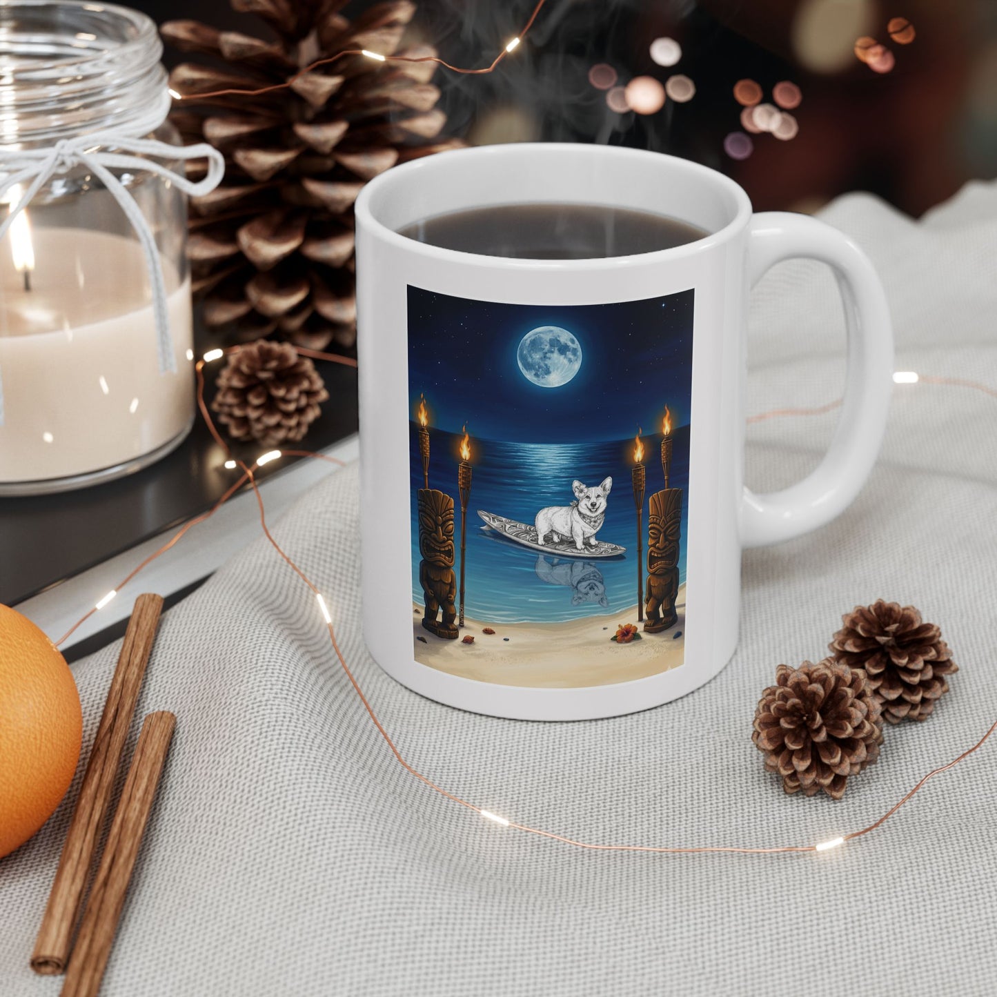 Corgi Moonlit Tiki Surfboard 11 oz Coffee Mug