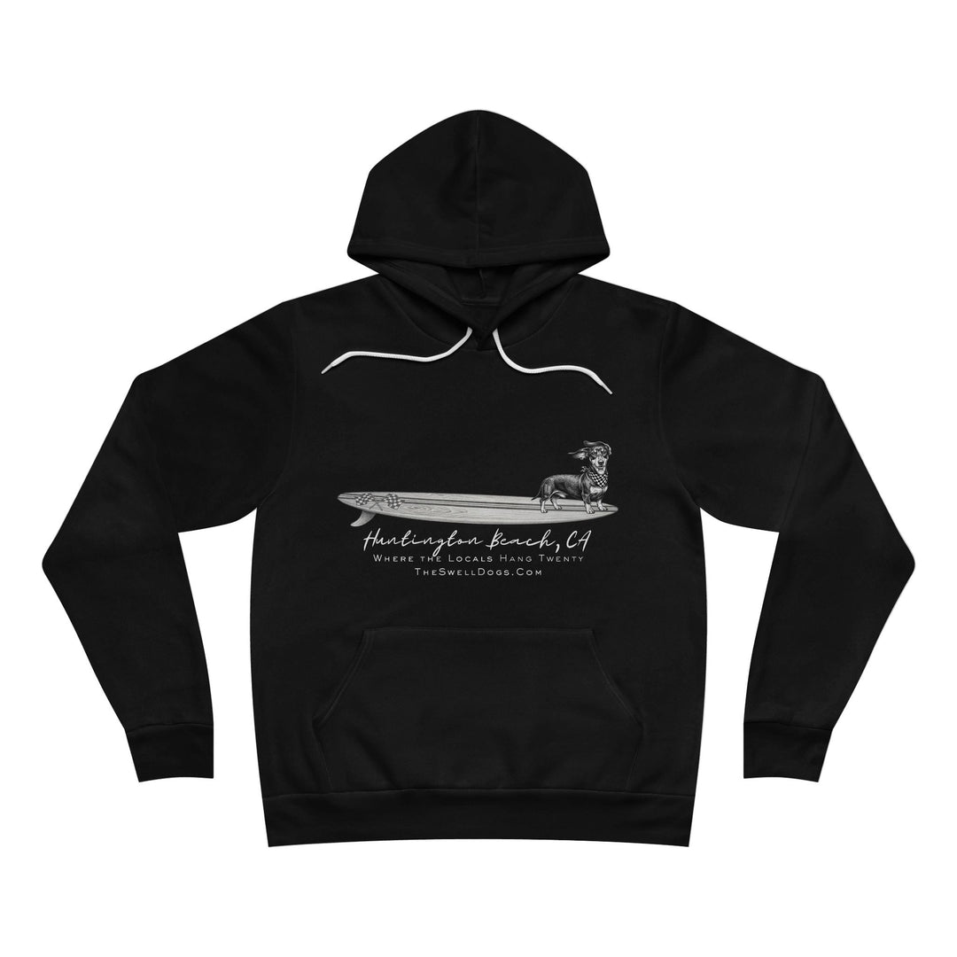 Black pullover hoodie featuring a Dachshund dog standing on a surfboard with "Huntington Beach, CA" text