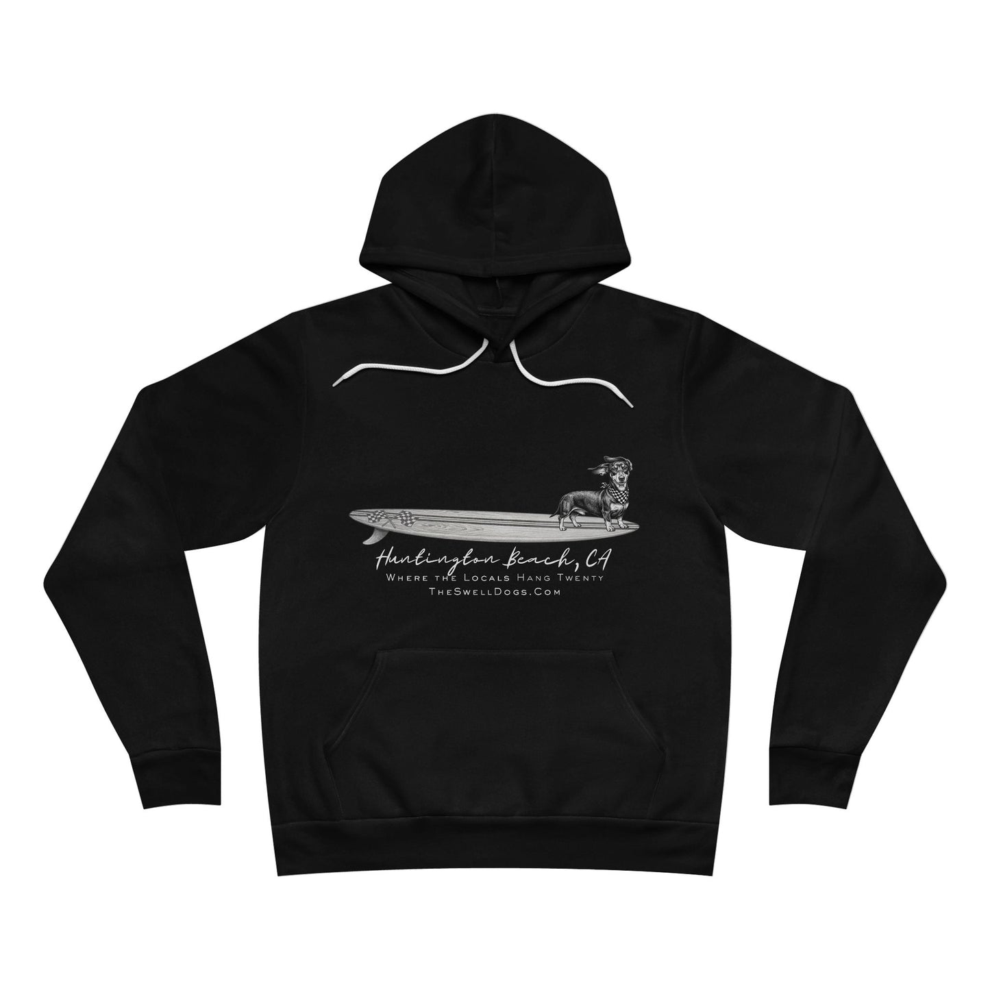 Black pullover hoodie featuring a Dachshund dog standing on a surfboard with "Huntington Beach, CA" text