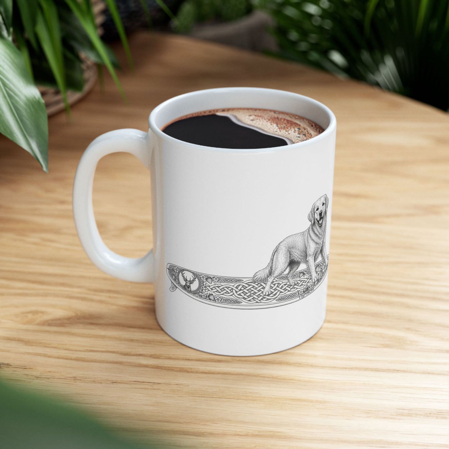 White mug with a Golden Retriever riding a long surfboard with keltic knots and embellishments.