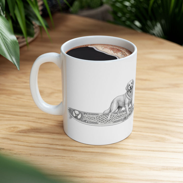 White mug with a Golden Retriever riding a long surfboard with keltic knots and embellishments.
