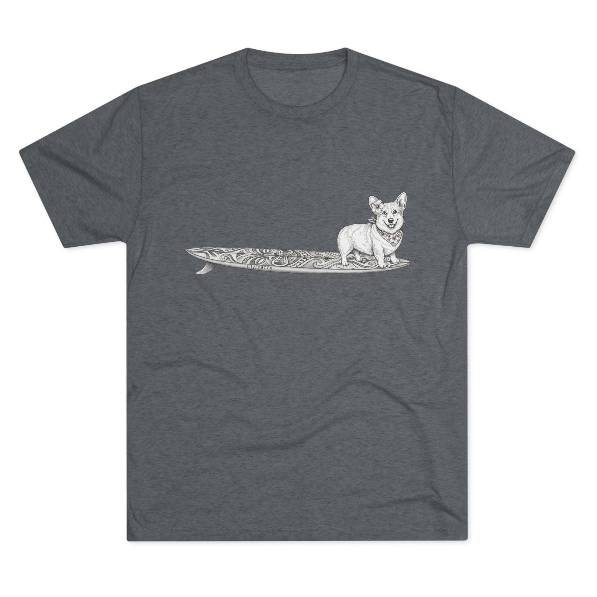 Dark heather t-shirt with Corgi in hibiscus bandana and hibiscus ear flower on a tiki surfboard illustration — The Swell Dogs