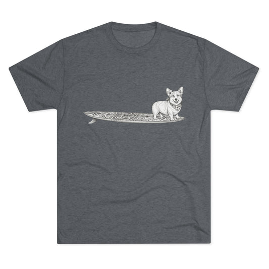 Dark heather t-shirt with Corgi in hibiscus bandana and hibiscus ear flower on a tiki surfboard illustration — The Swell Dogs