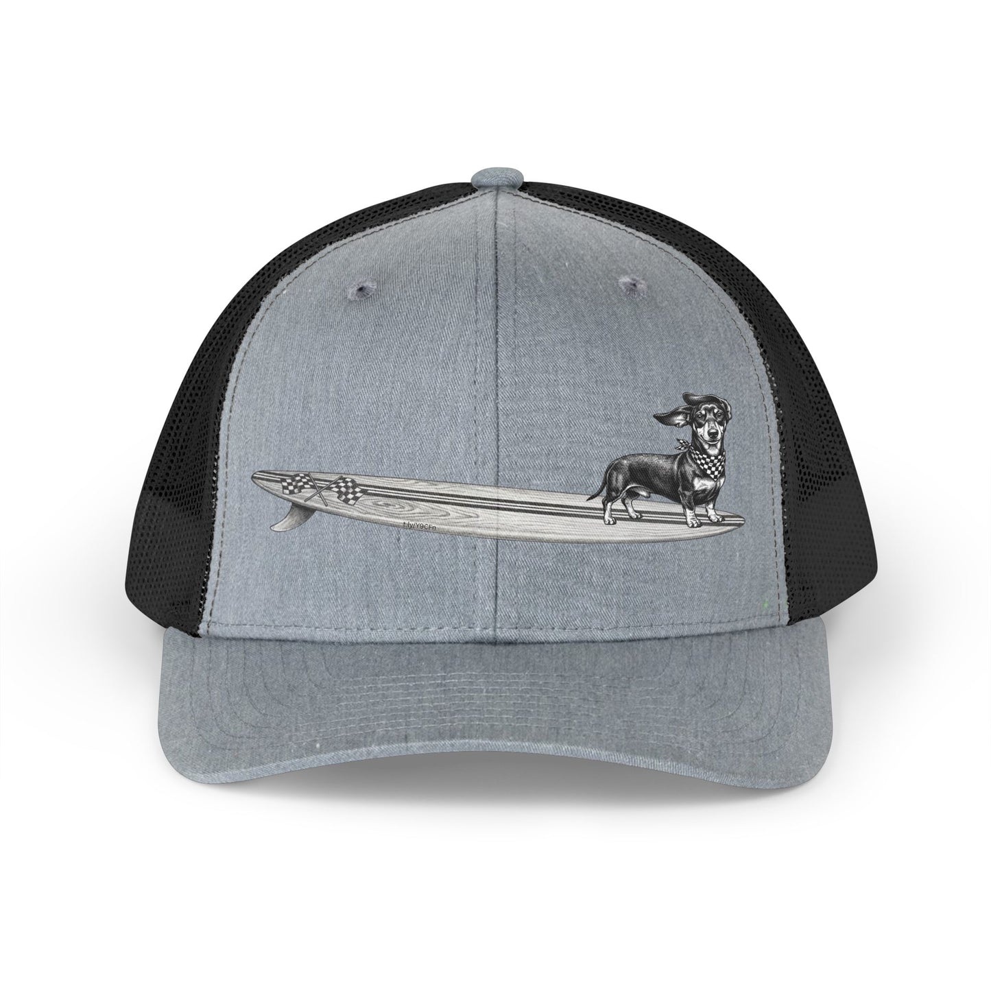 Gray and black trucker hat with vintage Dachshund wearing checkered racing flag bandana on a wood grain racing flag surfboard — The Swell Dogs