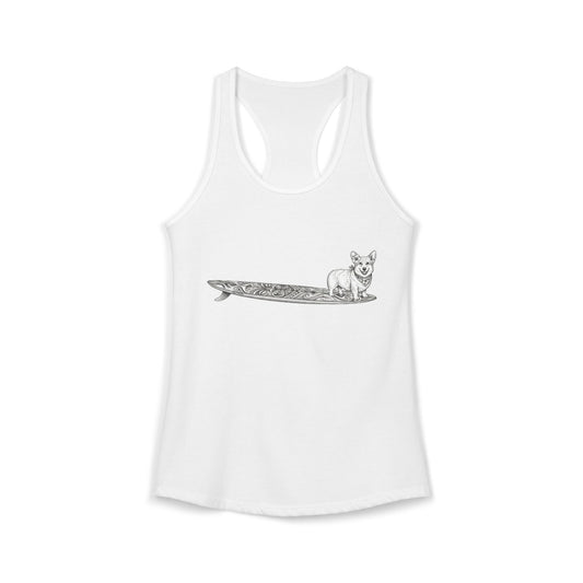 White racerback tank top with a graphic of a dog on a tiki surfboard with a hibiscus in her ear and a hibiscus bandana on a white background