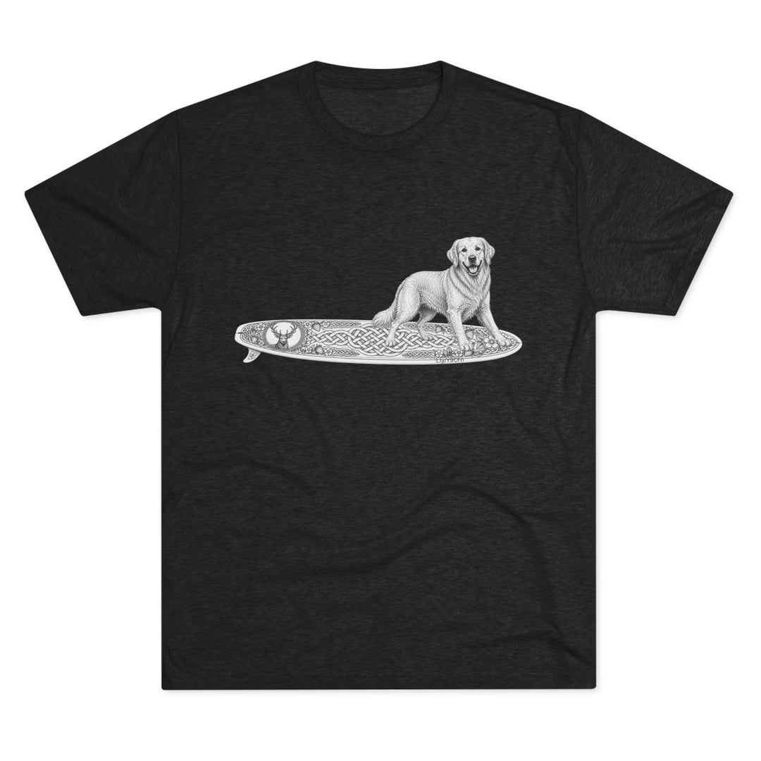 Black t-shirt with a Golden Retriever riding a long surfboard with keltic knots and embellishments.