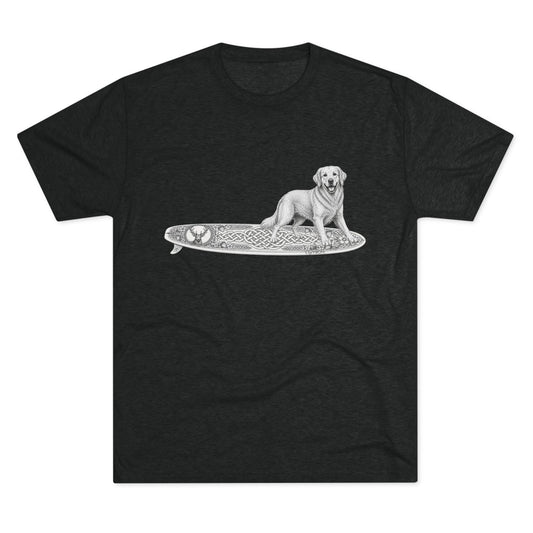 Black t-shirt with a Golden Retriever riding a long surfboard with keltic knots and embellishments.
