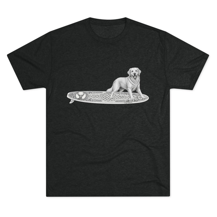 Black t-shirt with a Golden Retriever riding a long surfboard with keltic knots and embellishments.