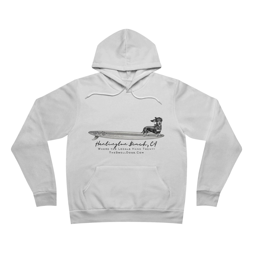 White pullover hoodie featuring a Dachshund dog standing on a surfboard with "Huntington Beach, CA" text