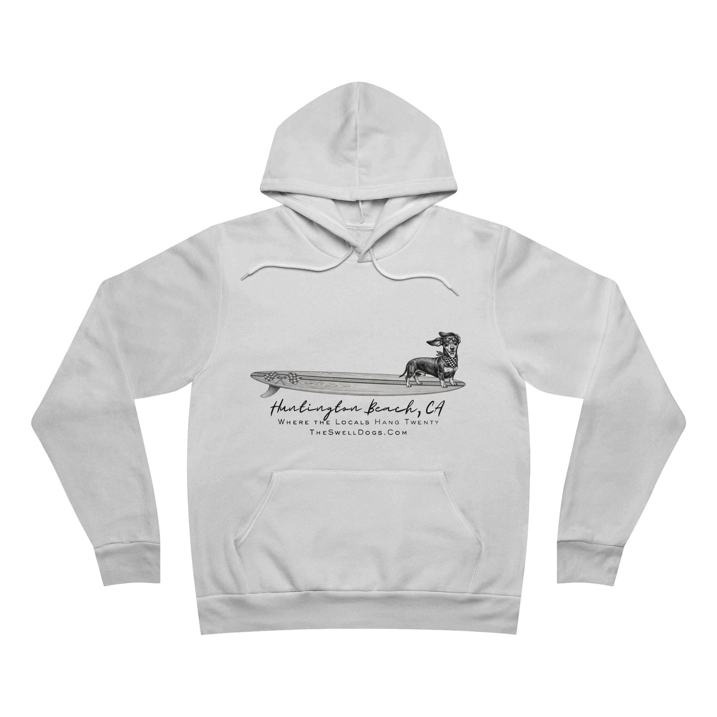 White pullover hoodie featuring a Dachshund dog standing on a surfboard with "Huntington Beach, CA" text