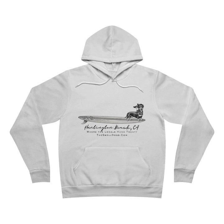 White pullover hoodie featuring a Dachshund dog standing on a surfboard with "Huntington Beach, CA" text