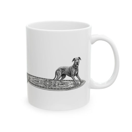 White mug  with a Great Dane on a celtic knoit surfboard.  
