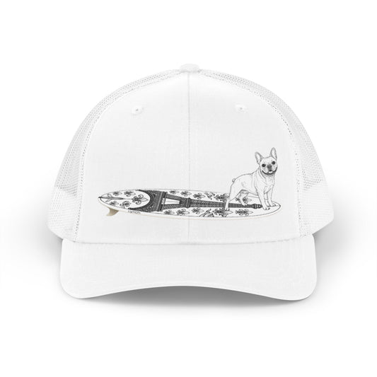 White trucker hat with a French Bulldog on an Eiffel Tower surfboard.