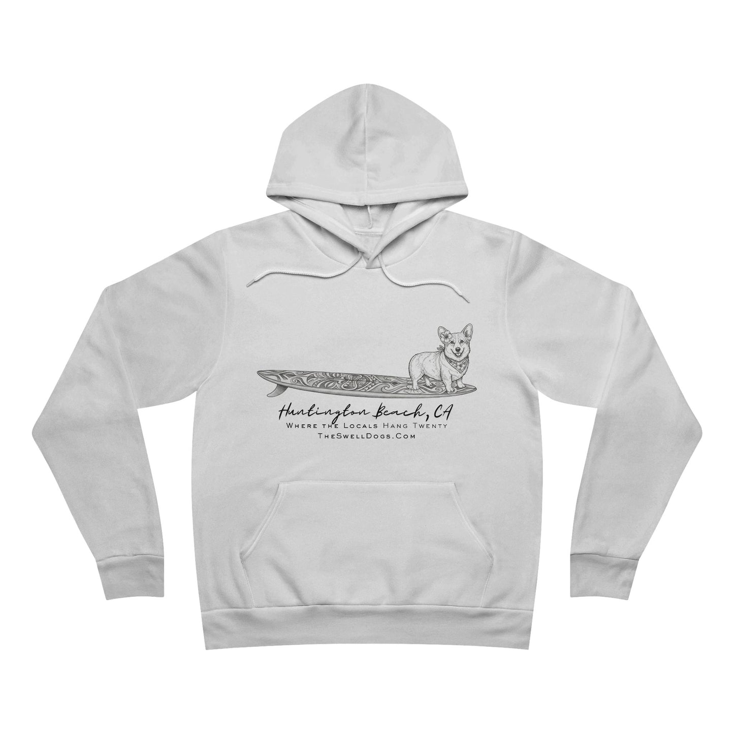 White pullover hoodie featuring a Corgi dog standing on a tiki surfboard with "Huntington Beach, CA" text