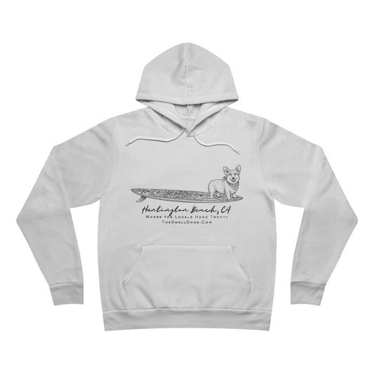 White pullover hoodie featuring a Corgi dog standing on a tiki surfboard with "Huntington Beach, CA" text
